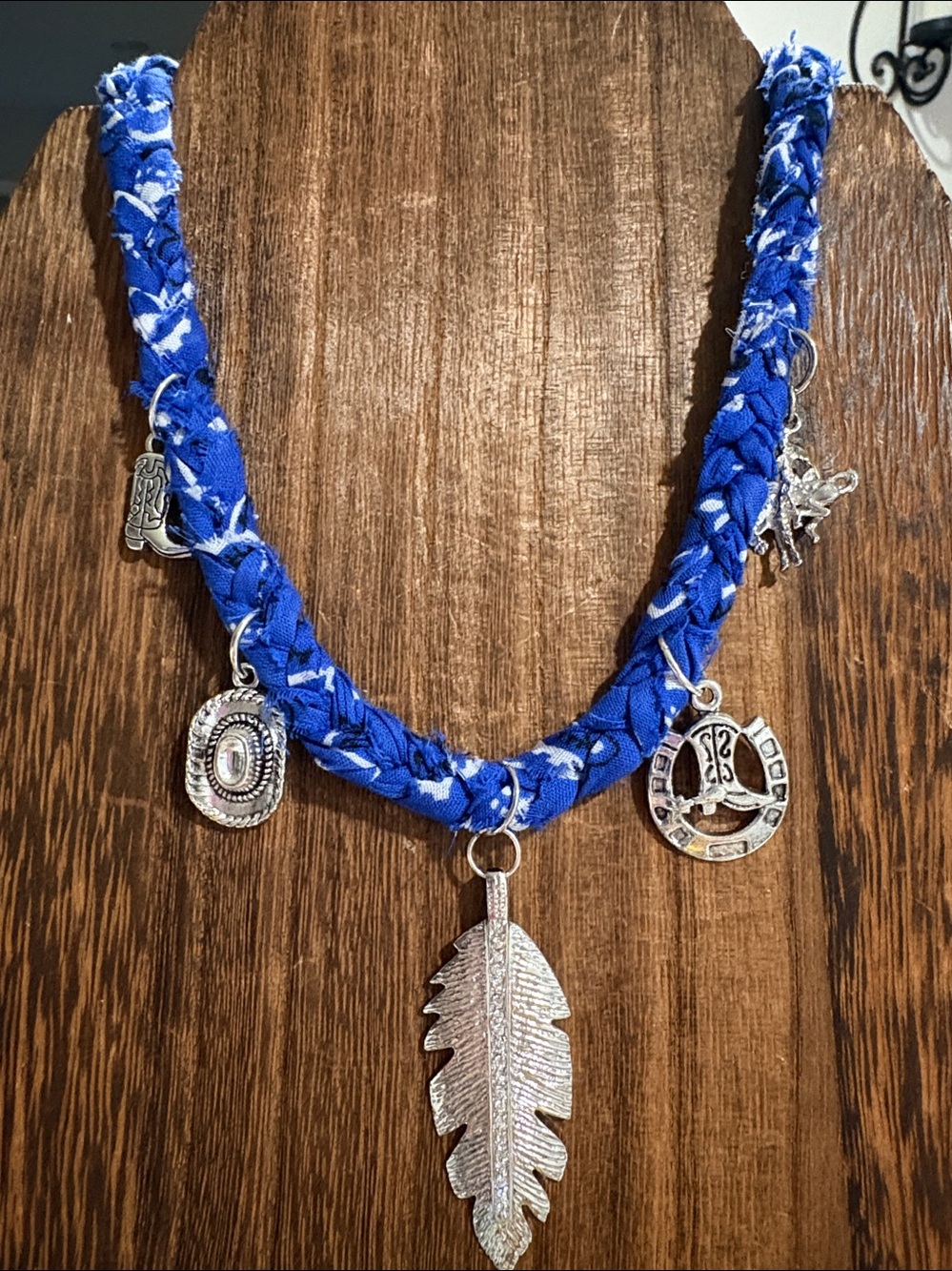 Rodeo-Handmade Blue and white braided bandana Necklace with charms